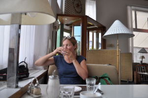 Anne drinking coffee in Vienna